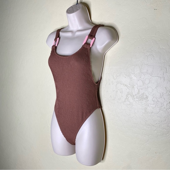 Aerie Crinkle Birthday Scoop Cheekiest One Piece Swimsuit Brown Pink Size XS - Picture 2 of 16